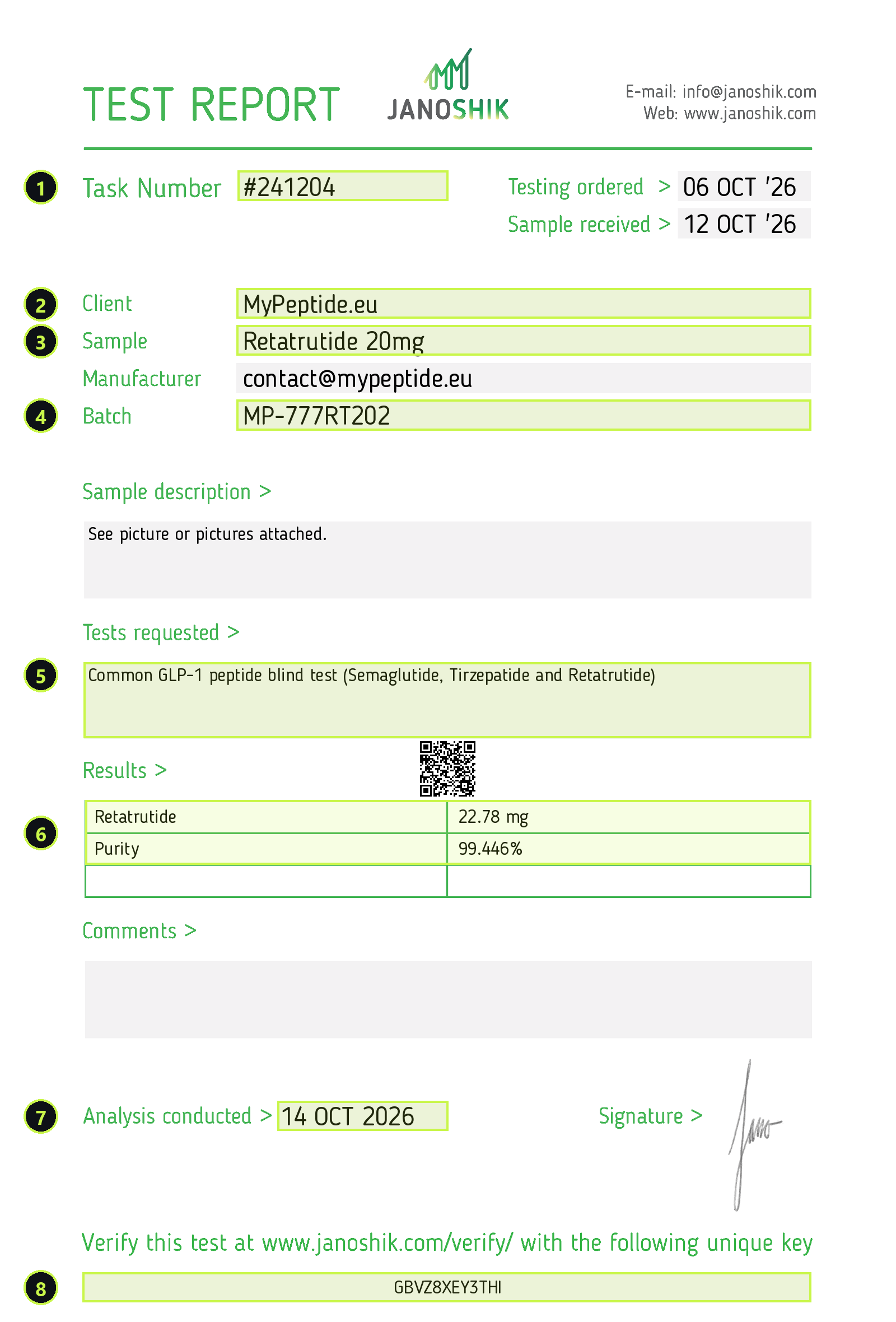 Rapport Janoshik #241204 annot&eacute; : num&eacute;ro de t&acirc;che, client, &eacute;chantillon, lot, tests demand&eacute;s, r&eacute;sultats, date d'analyse et cl&eacute; de v&eacute;rification