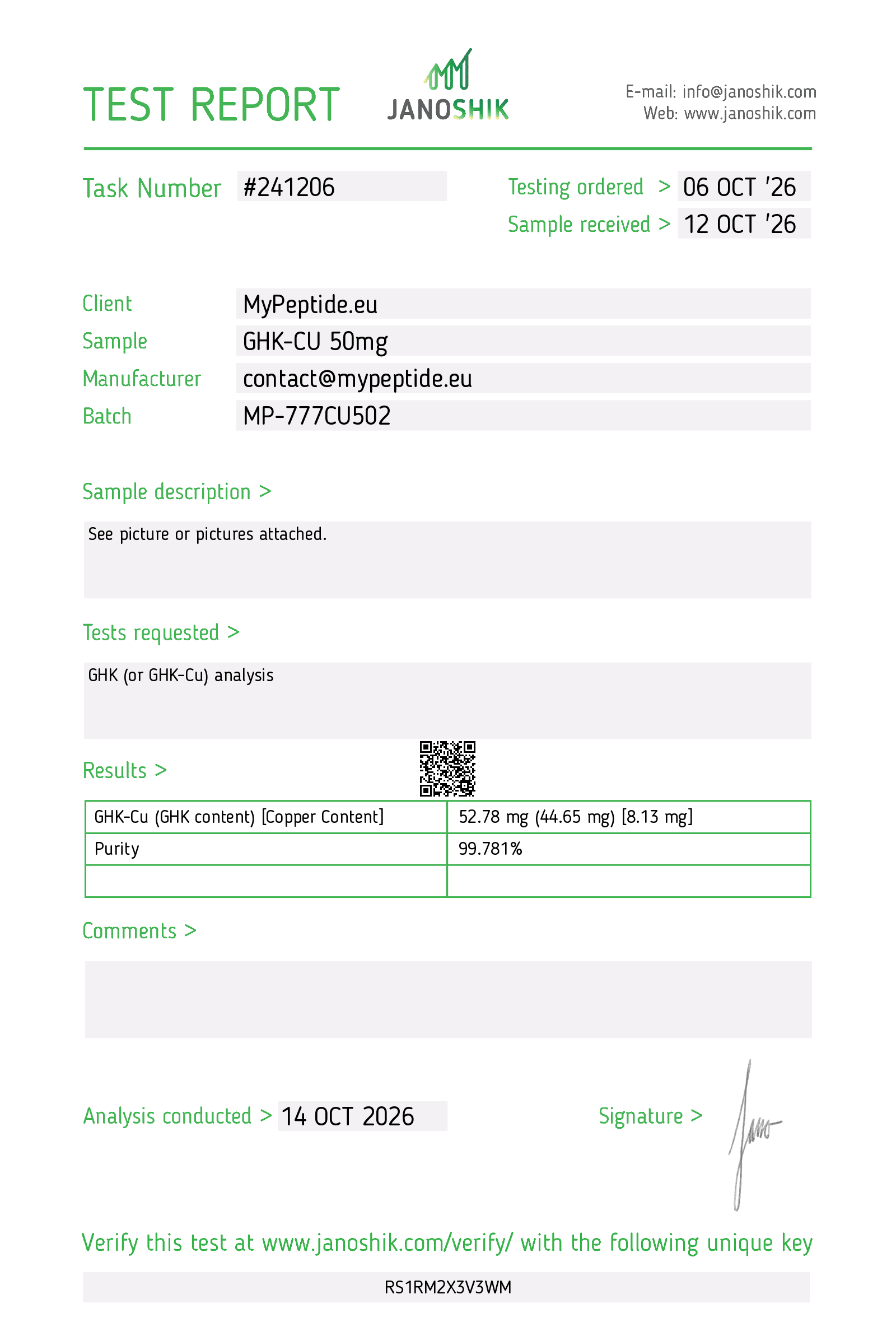 Certificat d’analyse Janoshik #241206 — GHK-Cu 50 mg, lot MP-777CU502