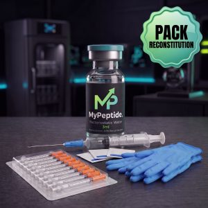 Pack Reconstitution MyPeptide : eau bactériostatique 3mL, seringue de reconstitution, 10 seringues 31G, gants nitrile, tampons désinfectants